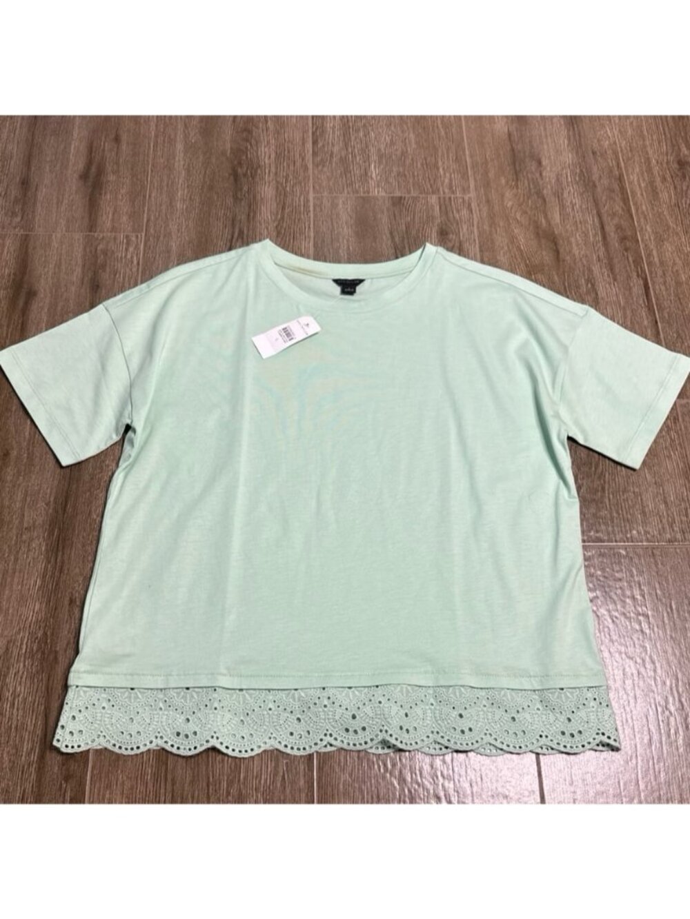 Ann Taylor Crochet Lace Hem Mint Green Tee Top Womens Size S